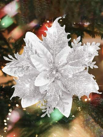 10pcs Multi-Color Artificial Poinsettia, Poinsettia Christmas Tree Decorations With Clips, Glitter Hollow Mesh Poinsettia Flowers, Christmas Decorations, Holiday Accessories, Christmas Tree, Wreath, Glitter Poinsettia Christmas Tree Ornaments, Holiday Decor DIY Poinsettia Wreath, Party Decorations