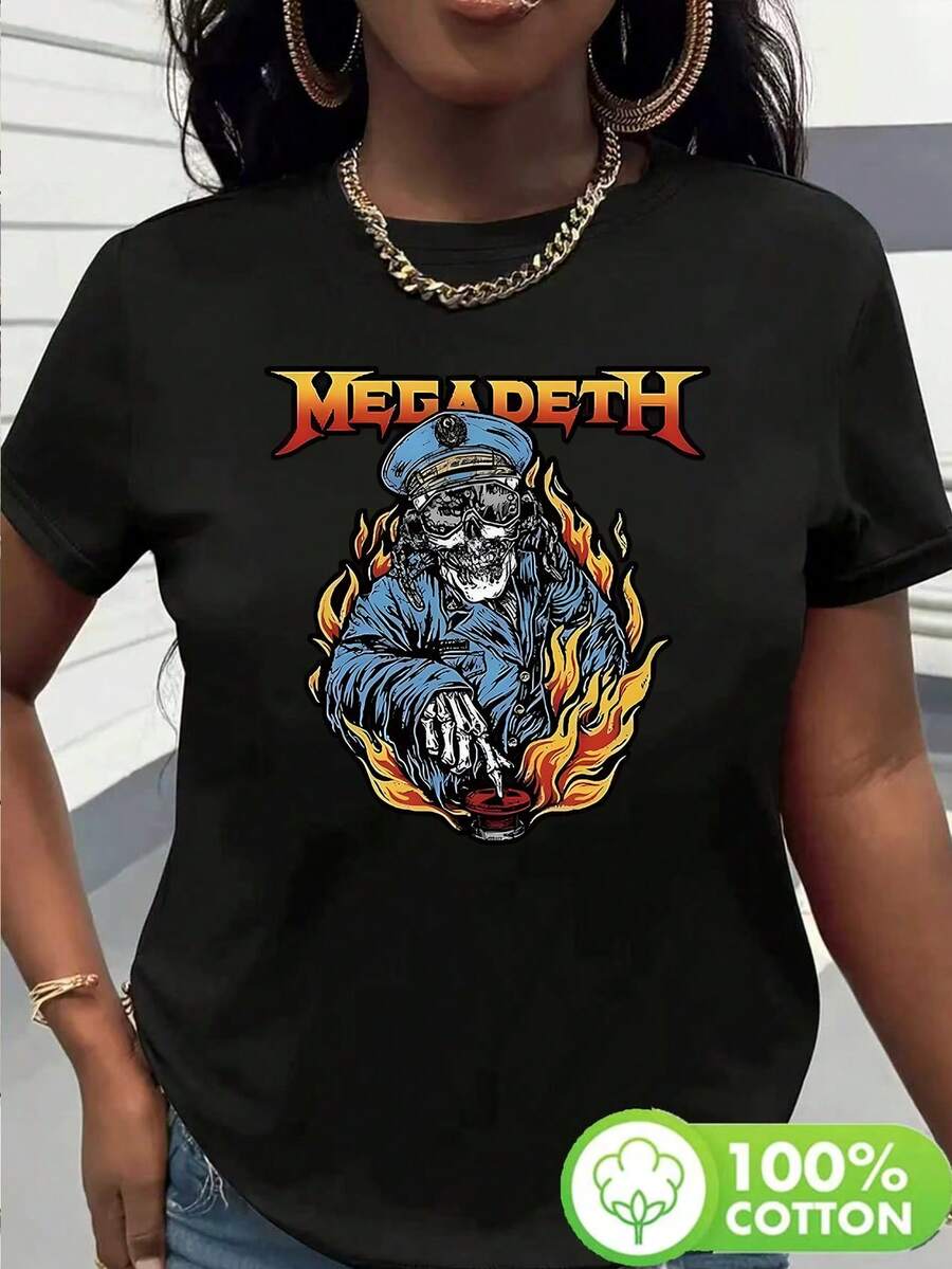 1PC 100% Cotton Skull Officer Flame Graphic Trendy Comfortable Casual Round Neck Short Sleeve TShirt for Women - Negro - Ver 1