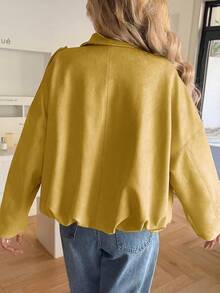 Womens Faux Suede Bomber Jackets Oversized Cropped Zip Up Lapel Coats Fall 2025 Casual Outerwears - 黃色 - 查看 5