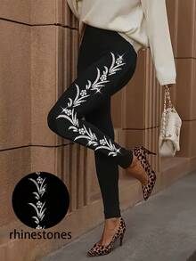 Women's Plus Size Rhinestone-Embellished Stretch Leggings - Elegant High-Waisted, Floral Pattern, Comfortable All-Season Wear, Machine Washable, High Waisted Leggings - phong cách - Xem 2