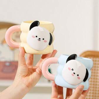 1 pieza Taza de cerámica con forma de cachorro lindo, con cuchara, 400ml/13.53oz, hecha a mano con gran capacidad para café, leche, jugo, apta para cocina, mesa de comedor, cafetería, regalo de cumpleaños creativo