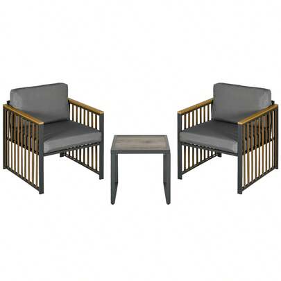 Outsunny 3-delad trädgårdsmöbelgrupp, bistrogrupp med soffbord och 2 stolar, trädgårdssittgrupp med dynor, grå, för uteplats och balkong
