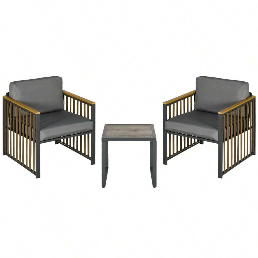 Outsunny 3 Piece Garden Furniture Set, Bistro Set With Coffee Table And 2 Chairs, Garden Seating Group With Cushions, Grey, For Patio And Balcony