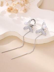 1对珍珠流苏耳环，银色水钻耳坠，独特设计，优雅配饰（不含礼盒） - 銀色 - 查看 5