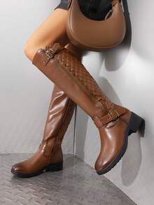 Women's Wide Calf Knee High Boots, Low Stacked Heel Riding Boots For Fall And Winter Tan - TAN - View 2