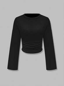 New Stylish Solid Color Ruffle Trim Elegant Long Sleeve Round Neck Blouse, Suitable For Vacation, Date, School, Travel, And Daily Wear - Black - View 6