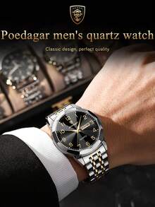 POEDAGAR 1件装休闲男士不锈钢石英腕表，防水，夜光，双日期显示，时尚男士腕表，适合日常佩戴，情人节礼物 - 均碼 - 查看 3