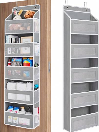 Organizador de puerta para colgar (2 unidades), 5 estantes, 5 bolsillos de gran capacidad, antivuelco, capacidad de 20 kg, para dormitorio, baño, despensa y guardería (gris)