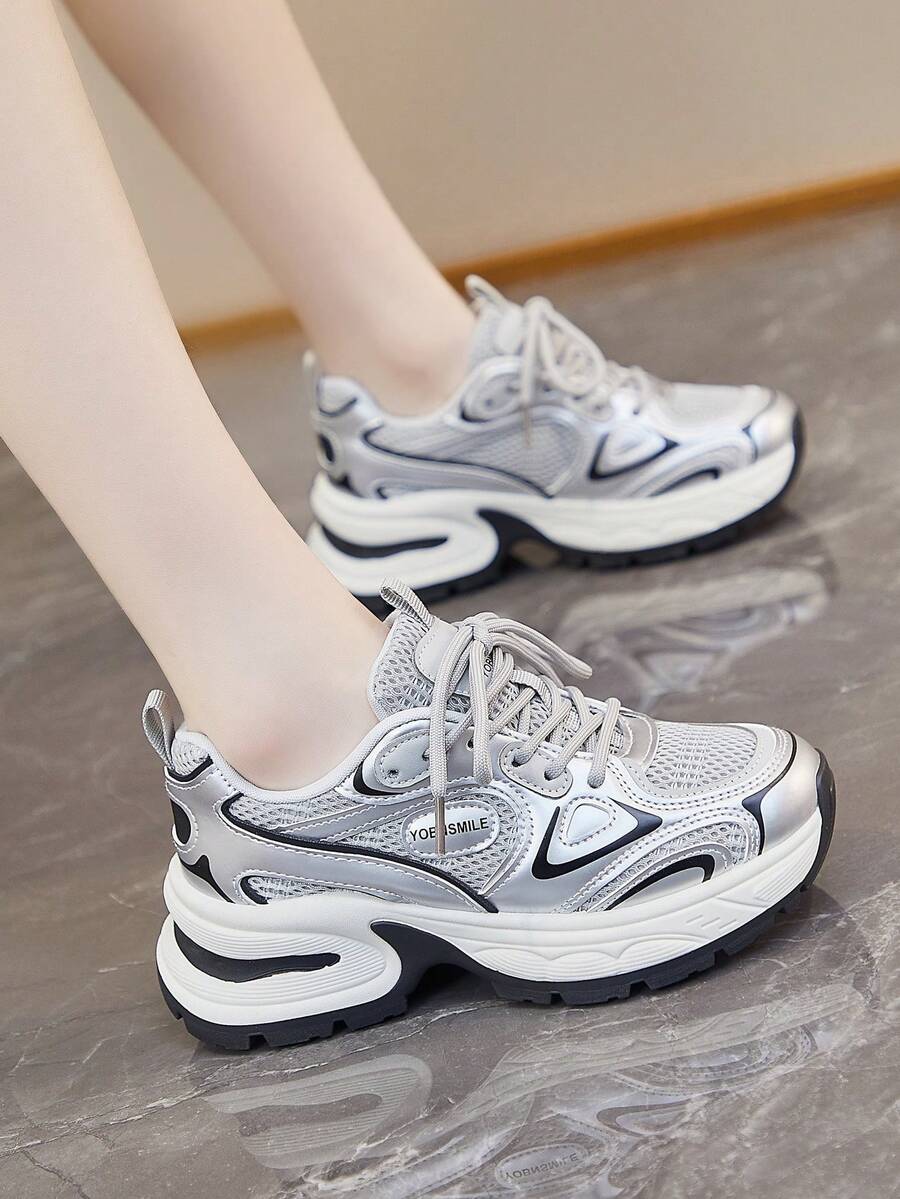 Women's Chunky Sneakers, New Versatile Casual Comfortable Breathable Running Fitness Shoes - Silver - View 1