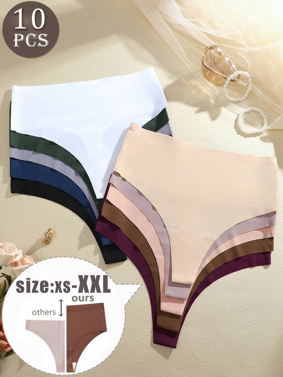 10PCS Women's Multi-Color Comfortable Breathable Seamless High-Waisted Invisible Fit No-Rolling Edge Suitable For Daily Wear, Bodysuit Layering, And Sports High-Waisted Sexy Thong Panties Plus Size Women's Underwear XS-XXL - 彩色 - 查看 1