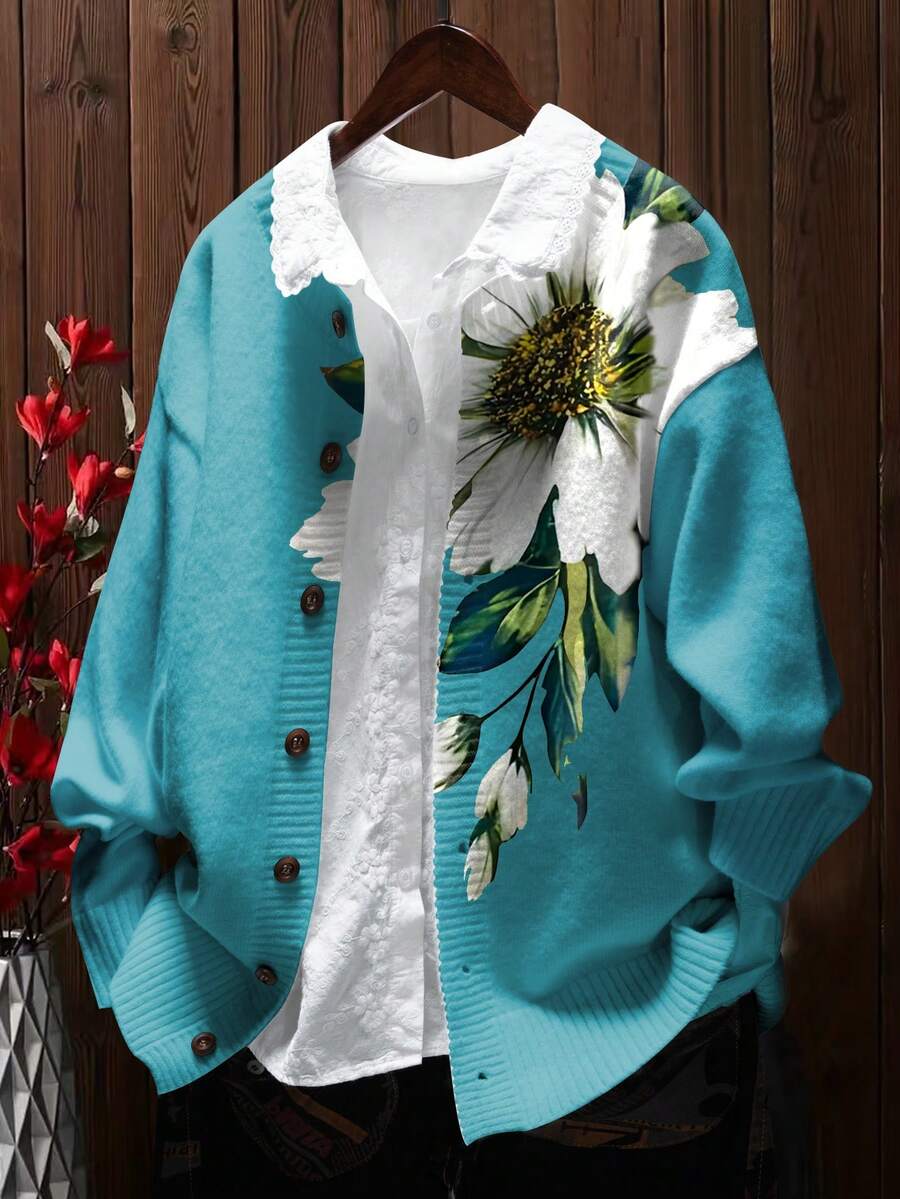 Cárdigan con estampado floral 3D - Diseño con patrón de flores, cierre con botones, suéter ligero, adecuado para todas las estaciones, chaqueta casual holgada, silueta estructurada para vacaciones - Azul - Ver 1