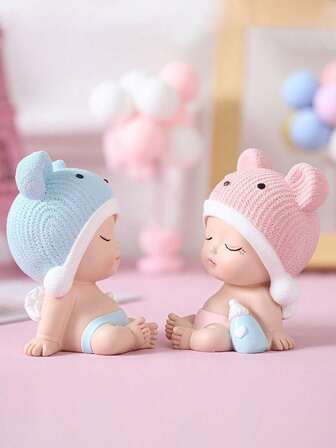 1 pieza Figura de bebé unisex - Sosteniendo biberón con gorro rosa/azul, decoración para fiesta de revelación de género, decoración para baby shower, favor de fiesta temática y regalo festivo
