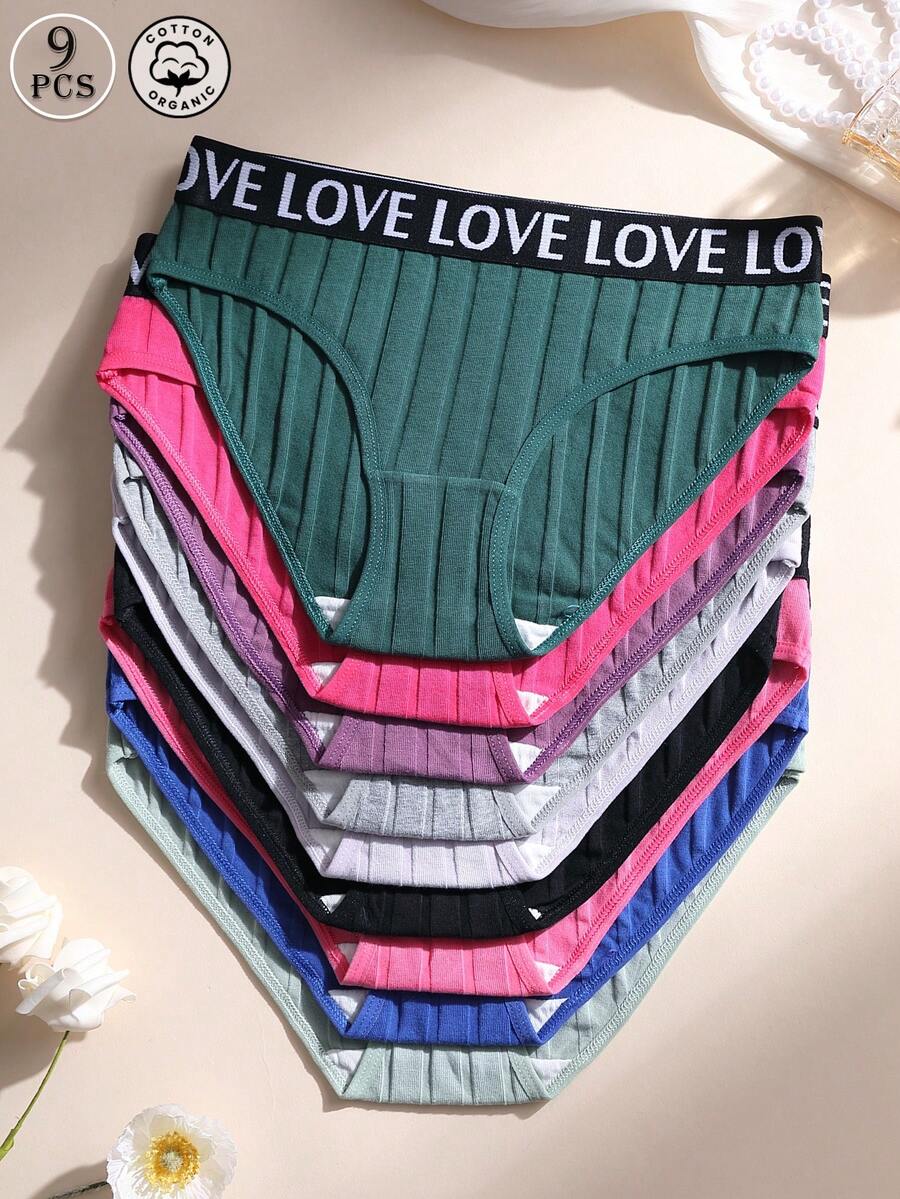 9 PCS Women's Ribbed Cotton Triangle Panties Sexy Low-Waist Seamless Letter Belt Lingerie-Sexy Soft & Breathable Everyday Women's Briefs Daily Wear Sports Yoga Cheeky Underwear