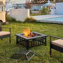 Multifunctional Fire Pit Table 32in Square Metal Firepit Stove Backyard Patio Garden Fireplace For Camping, Outdoor Heating, Bonfire And Picnic - Black - View 3
