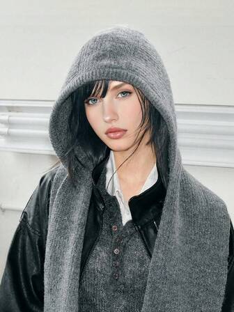 1件装女士休闲纯色麻花针织纹理保暖防风蓬松加厚连帽围巾围脖，适合约会、日常穿着、购物、旅行、搭配