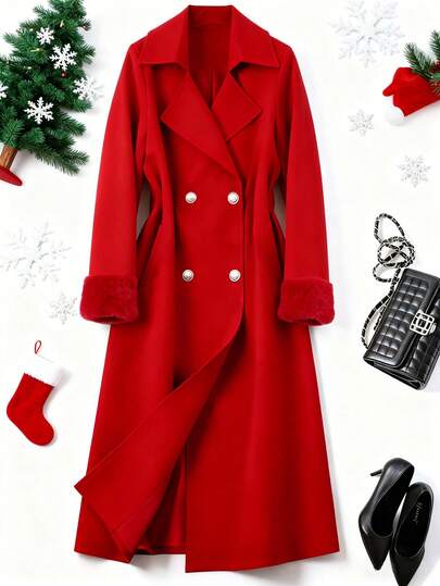 Manteau long à double boutonnage en laine mélangée rouge pour femmes, avec poignets en fourrure. Style coréen, élégant et ajusté. Vêtement d'extérieur d'hiver pour le travail, les fêtes de Noël et du Nouvel An, les sorties quotidiennes et les occasions festives.