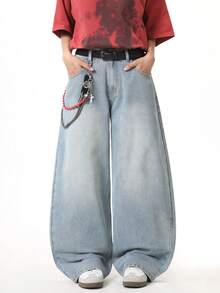 1pc Men's American Street Style Embroidered Wide Leg Jeans, Loose Casual Comfortable Commuting Versatile Denim Pants (No Belt Or Accessories) - 藍色 - 查看 2
