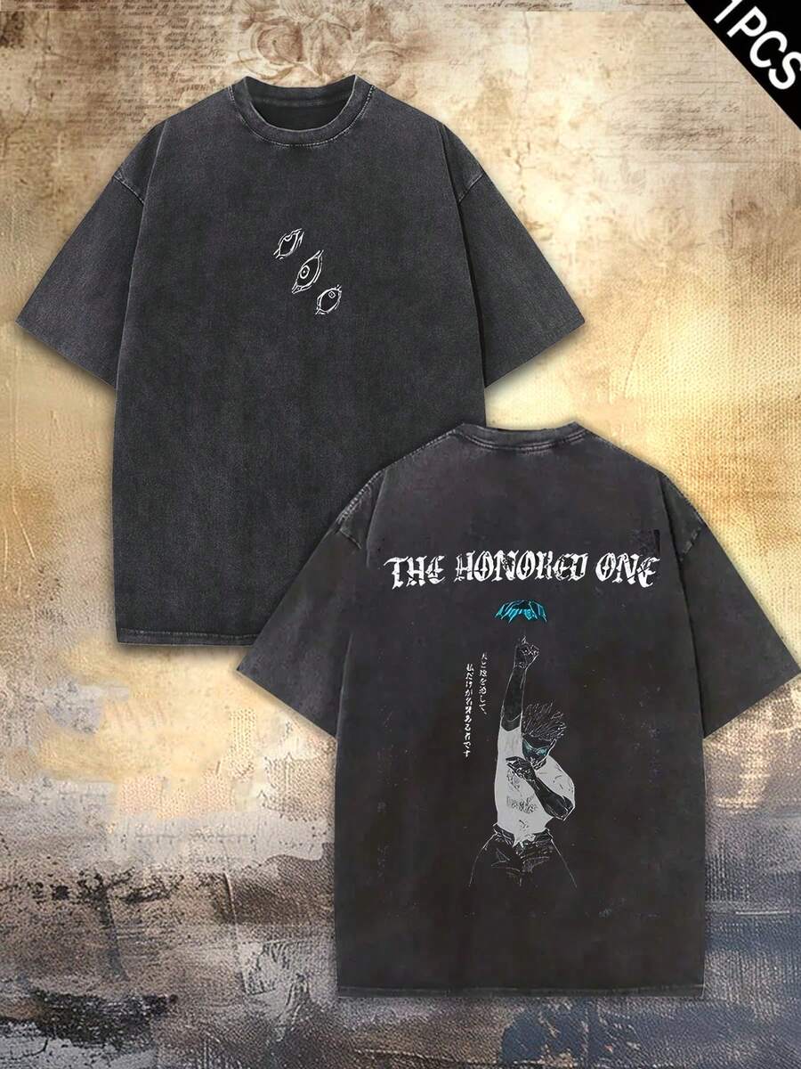 THE HONORED ONE Double-Sided Print Graphic Tee Washed T-Shirt Holiday Gifts Y2K Men's Graphic Tees, Street - Style Vintage Washed T - Shirts, 230G Cotton T - Shirts, 100% Pure Cotton, Unisex Graphic Tees Halloween Back To School Shirts - màu đen - Xem 1