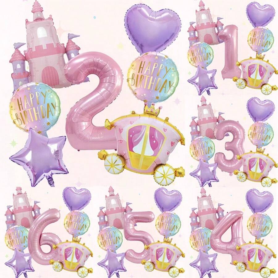 7pcs Castle Princess Car Balloon Set, Includes 32inch Pink Number Balloons 1, 2, 3, 4, 5, 6, Suitable For Princess Theme Party Decoration, Birthday Anniversary Celebration Home Decor, Birthday Party Supplies And Decoration, Glow Balloons, Soft Color Balloon Wreath, Bow Balloons, Anniversary Decoration, Holiday Balloon Wreath, High Quality Balloons, Party Balloon Set, Home Decor, Event Planner - Pink - View 1