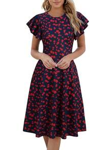 Women's Semi-Formal Ruffle Sleeve V-Back Work Fit And Flare Cocktail Knee Length Dress With Pockets, 2025 Style - 海軍紅 - 查看 11