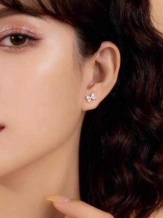 1 par de pendientes de aro de plata de ley 925 con diseño de lazo delicado, diseño pequeño y minimalista lindo, adecuado para mujeres, casual y versátil