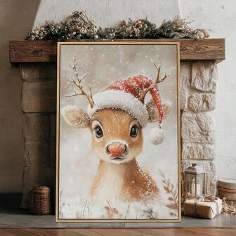 1 pieza, Pintura colgante de lienzo, Decoración de pared enmarcada, Arte de pintura al óleo de reno vintage, Decoración navideña, Reno de nariz roja, Arte de pared de árbol de Navidad vintage, Decoración del hogar navideña, Decoración de invierno, Decoración navideña