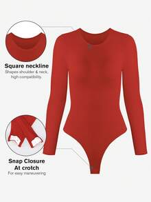 1pc Women's Seamless Black Round Neck Long Sleeve Jumpsuit, Sexy Shapewear Jumpsuit For Tummy Control, Waist Training, Body Shaping - Red - View 6