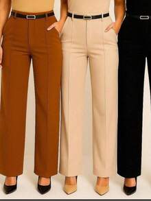 Set Of 3 Plus Size Tailored Dress Pants For Women With Belt - Summer - 黑色/米色/棕色 - 查看 1