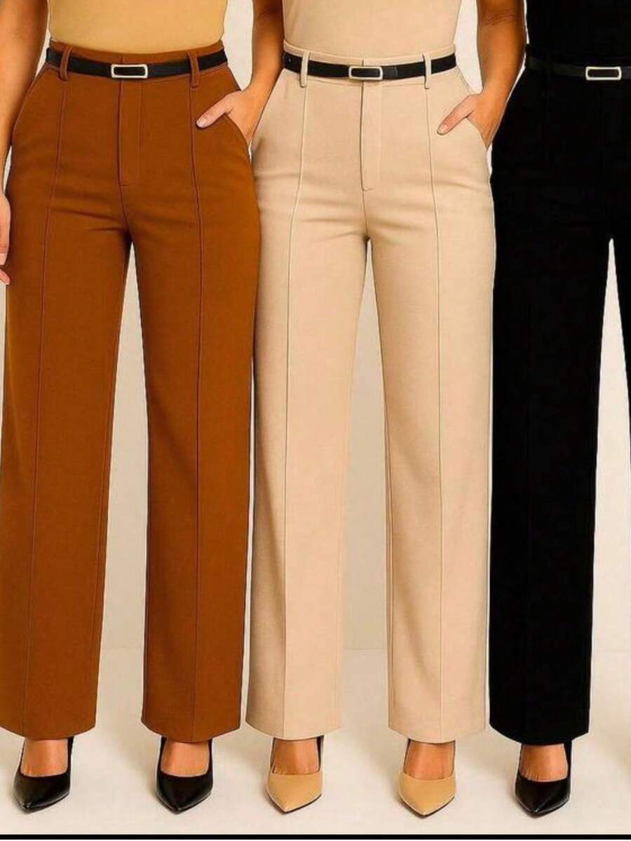 Set Of 3 Plus Size Tailored Dress Pants For Women With Belt - Summer - 黑色/米色/棕色 - 查看 1