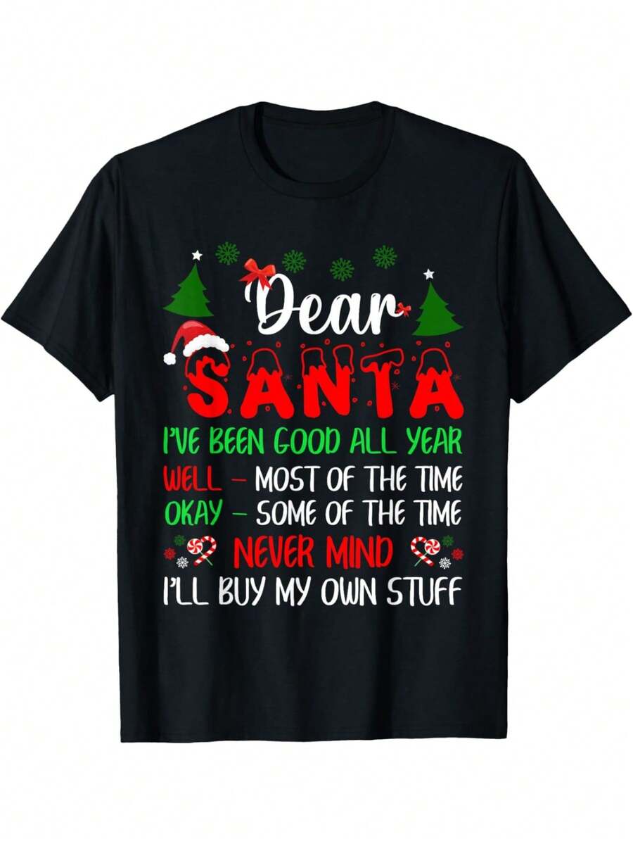 Camiseta Navideña Divertida con Eslogan "Querido Santa, he sido bueno todo el año" y Diseño de Bastones de Caramelo - Camiseta Casual de Cuello Redondo Humorística para Adultos, Atuendo Divertido para Fiesta de Navidad, Ropa Navideña Novedosa para Hombres y Mujeres, Ajuste para Todas las Estaciones (con Rojo y Gris) - Negro - Ver 1