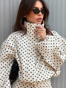 Blogger's New Autumn Women's Jacket Polka Dot Print Drawstring Drop Shoulder Wide Style Jacket - White - View 2