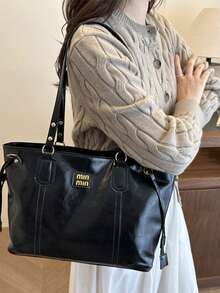 1 Túi Tote PU trơn màu, sức chứa lớn, tối giản, đa năng, thường ngày, hàng ngày, phong cách hiện đại - màu đen - Xem 4