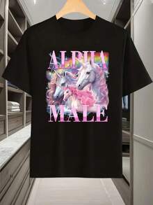 Alpha Male Unicorn Funny T-Shirt, Satirical Funny T-Shirt, Retro Unicorn T-Shirt, Men's T-Shirt, Round-Neck Short-Sleeved, Fashionable Casual, Comfortable Breathable, Men's Clothing T-Shirt - Black - View 3