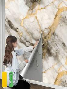 1 Roll Self-Adhesive Waterproof Bathroom Wall Stickers - Marble Texture Peel & Stick Removable Decals For Shower, Toilet, Sink - Easy To Clean & Washable Bathroom Decor, Bathroom Accessories