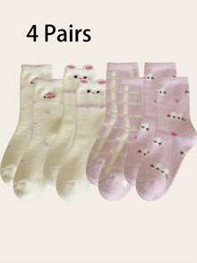 1双/2双/4双装加厚保暖睡眠袜，可爱提花图案，柔软舒适，中筒袜，女士款，适合居家穿着，秋冬季