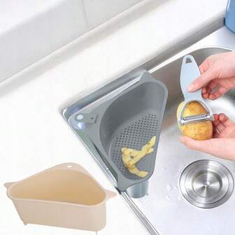 סל מסננת כיור משולש 1 יחידות עם כוס יניקה, עיצוב ללא קידוח, מתאים לאחסון סבונים במטבח ובחדר אמבטיה, מושלם לארגון פריטי יסוד למטבח ולחדר אמבטיה, מדף אחסון לחדר אמבטיה | סל כיור משולש | חומר פלסטיק, מארגן לחדר אמבטיה