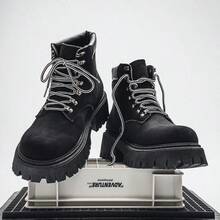 男士新款冬季高帮靴，厚底休闲高端靴 - 黑色 - 查看 2