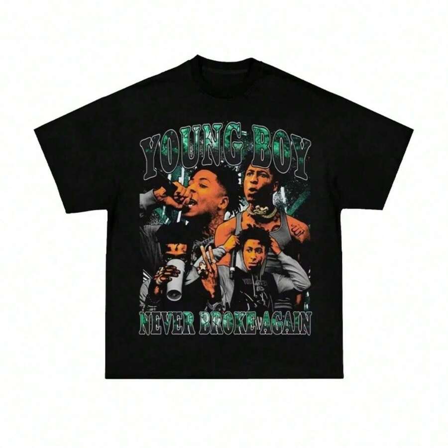2025 Youngboy Never Broke Again American Retro Hip Hop Rap Figure Print Short Sleeve T-Shirt High Quality Luxury Brand Ins Y2k(1) - Negro - Ver 1