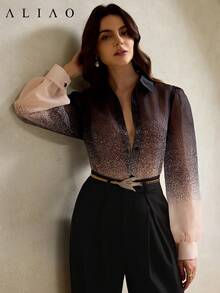 Aliao High-End Gradient Asymmetrical Pattern Sheer Shirt, Eye-Catching, Suitable For New Year, Valentine's Day, Elegant Ladies, Beach Wear, Thanksgiving, Graduation Season - Multicolor - View 6