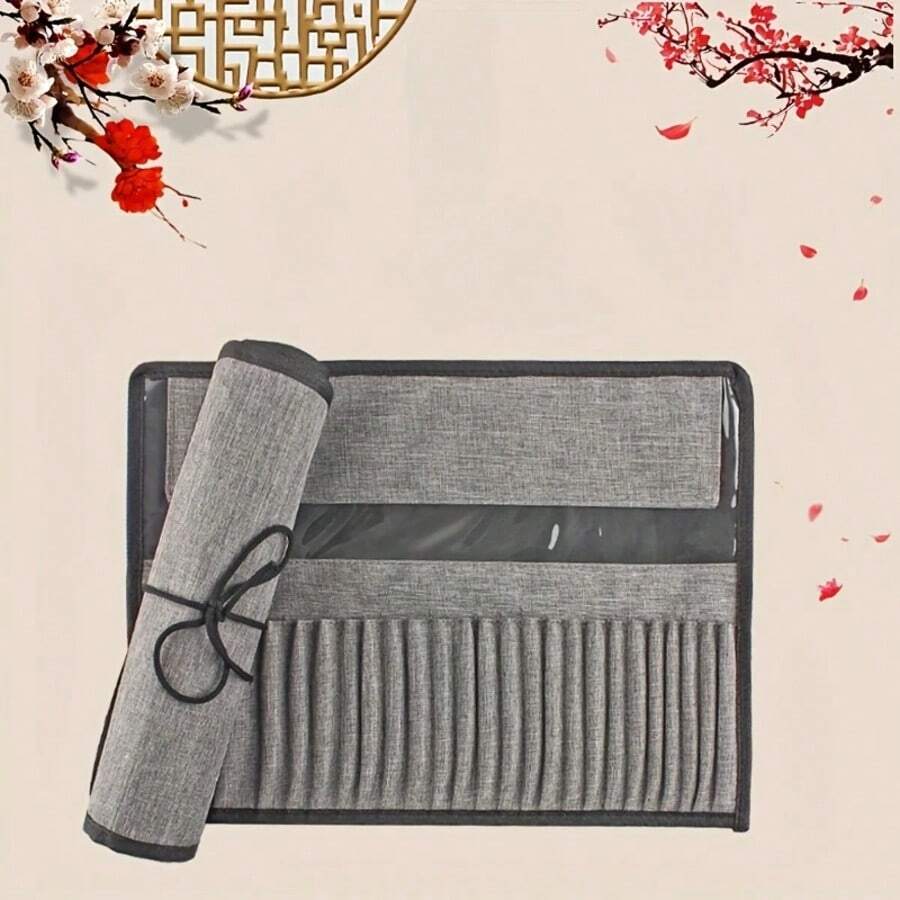 24格耐用尼龙美术画笔盒，便携式卷式画笔架和收纳袋，适用于水彩颜料和水彩画笔，透明前面板和束带设计，方便收纳画笔。 - 灰色 - 查看 1