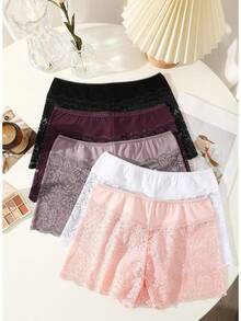 Lace Boy Shorts Cheeky Panties Breathable Womens Underwear Stretch Cotton Waistband Underwear Women 5 Pack - C-多色(5個裝) - 查看 8