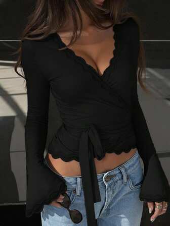 性感V领系带花卉蕾丝边长袖女式衬衫