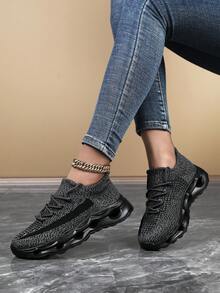 Women's Gray Round Toe Lace-Up Mesh Sneakers, Casual College Style Hollow Outsole Breathable Running Shoes - Grey - View 1