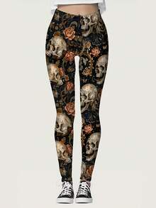 Women'S Gothic Leggings - Stretchy Pants With Dark Floral & Skull Print In Black/Orange/White/, High-Waisted Non-See-Through Leggings For Halloween, Parties, Everyday Outfits - All-Season Gothic Fashion Bottoms, Party Attire, Comfortable Fit, Halloween Outfit, Stretch Fabric, Women - phong cách - Xem 1