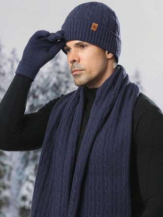 男士冬季针织帽、加厚围巾和手套三件套，保暖加厚冬季装备