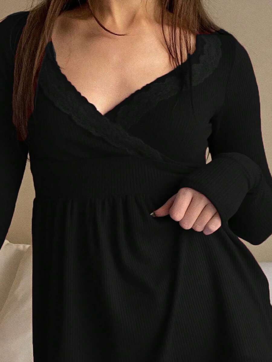 Women's Fairy Style Long Sleeve Lace Trim Shirt Cute Wrap V Neck Slim Fit Solid Color Babydoll Blouse Soft Skin Friendly Sexy T Shirt  For Home Office  Running  Jogging  Street Style Outings  Vacations  Hiking  Going Out  Parties - 黑色 - 查看 1