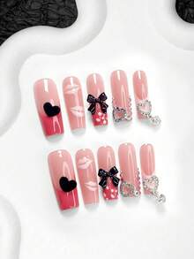 10件套Y2K粉黑情人节美甲套装，包含法式美甲贴纸、杏仁形美甲贴纸、方形美甲贴纸、鸭嘴美甲贴纸、闪亮水钻爱心假指甲、3D蝴蝶结、黑色毛绒爱心美甲装饰、手绘唇形美甲贴纸，附赠工具包，适合女性及女孩，可用于派对、情人节及日常佩戴。 - 彩色 - 查看 16