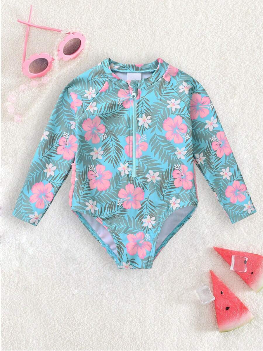 女婴热带植物印花插肩长袖泳衣 - 薄荷綠 - 查看 1
