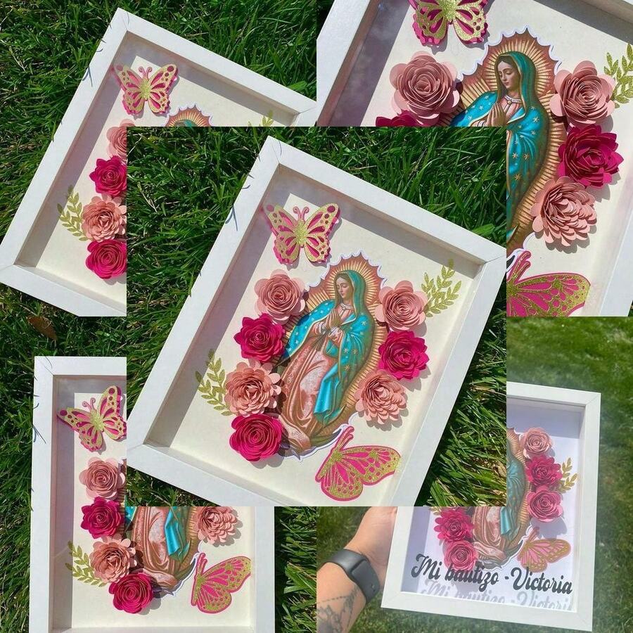 Shadow Box - Our Lady Of Guadalupe Decor Flower Frame Glass Photo - 棕色 - 查看 1