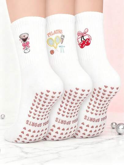 3 คู่ ถุงเท้าพิลาทิสปักลายสำหรับผู้หญิง, ถุงเท้าข้อสั้นกันลื่นน่ารัก, เหมาะสำหรับโยคะ พิลาทิส, การฝึกเท้าเปล่าในโรงพยาบาล, กีฬารายวันที่ใส่สบาย